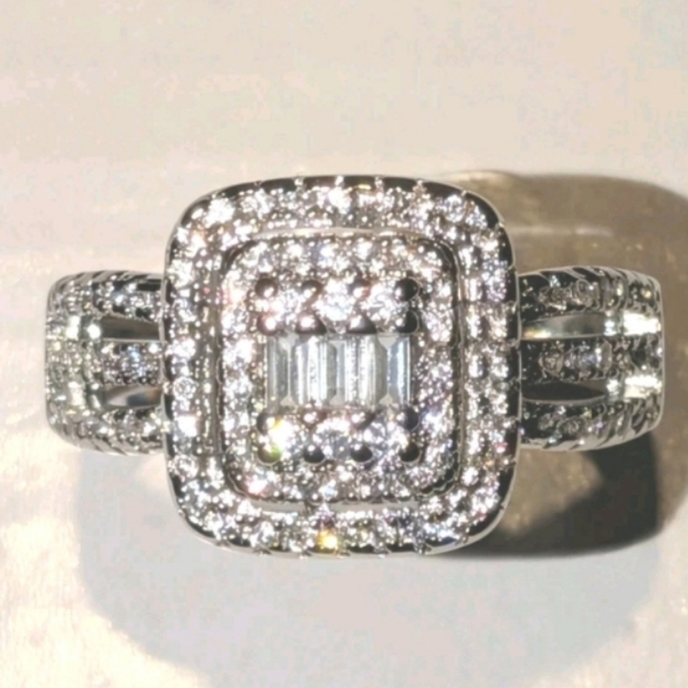 4ct Baguette Cut Diamond Halo Lab Created Engagement Ring 14k white Gold Plated